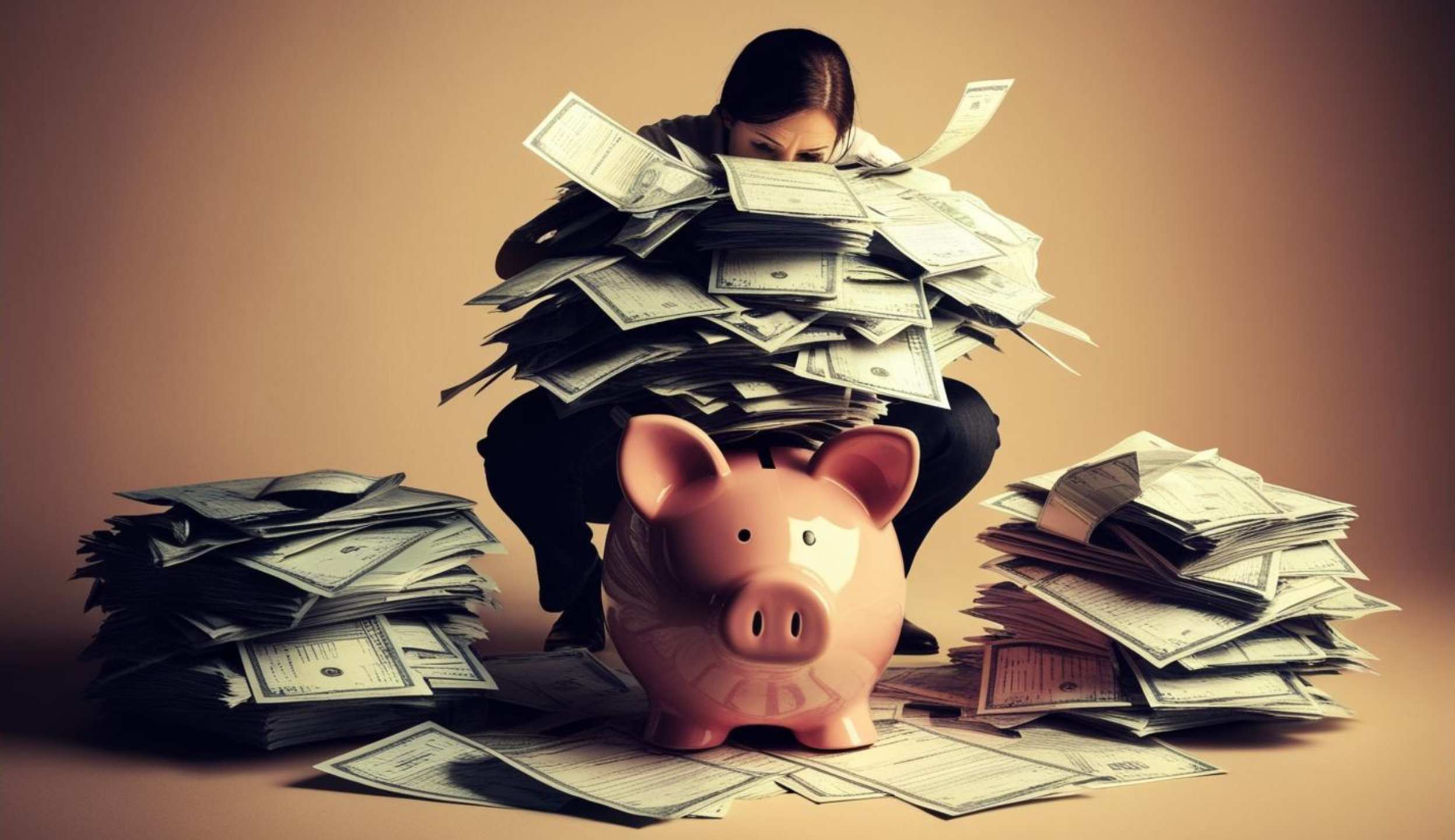 Ragazza su un salvadanaio, simbolo di risparmio denaro per pagare i debiti.